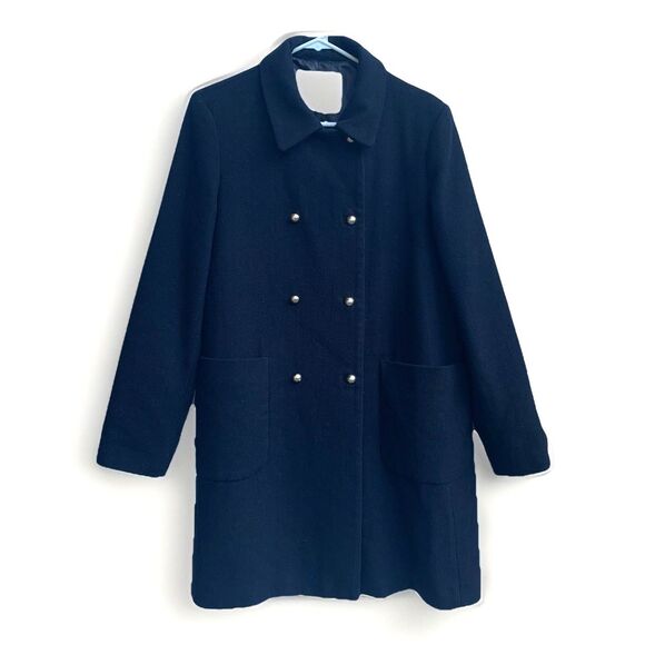 MNG Mango Double Breast Wool-Blend Coat Jacket Black Women's Large Gold Buttons - Picture 1 of 9